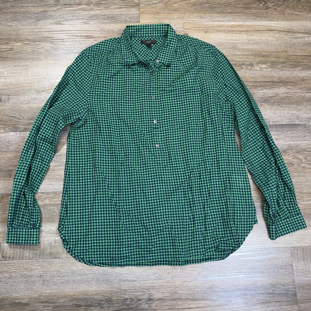 J. Crew Green Navy Gingham Popover Tunic Shirt Womens 8 Classic Button Placket